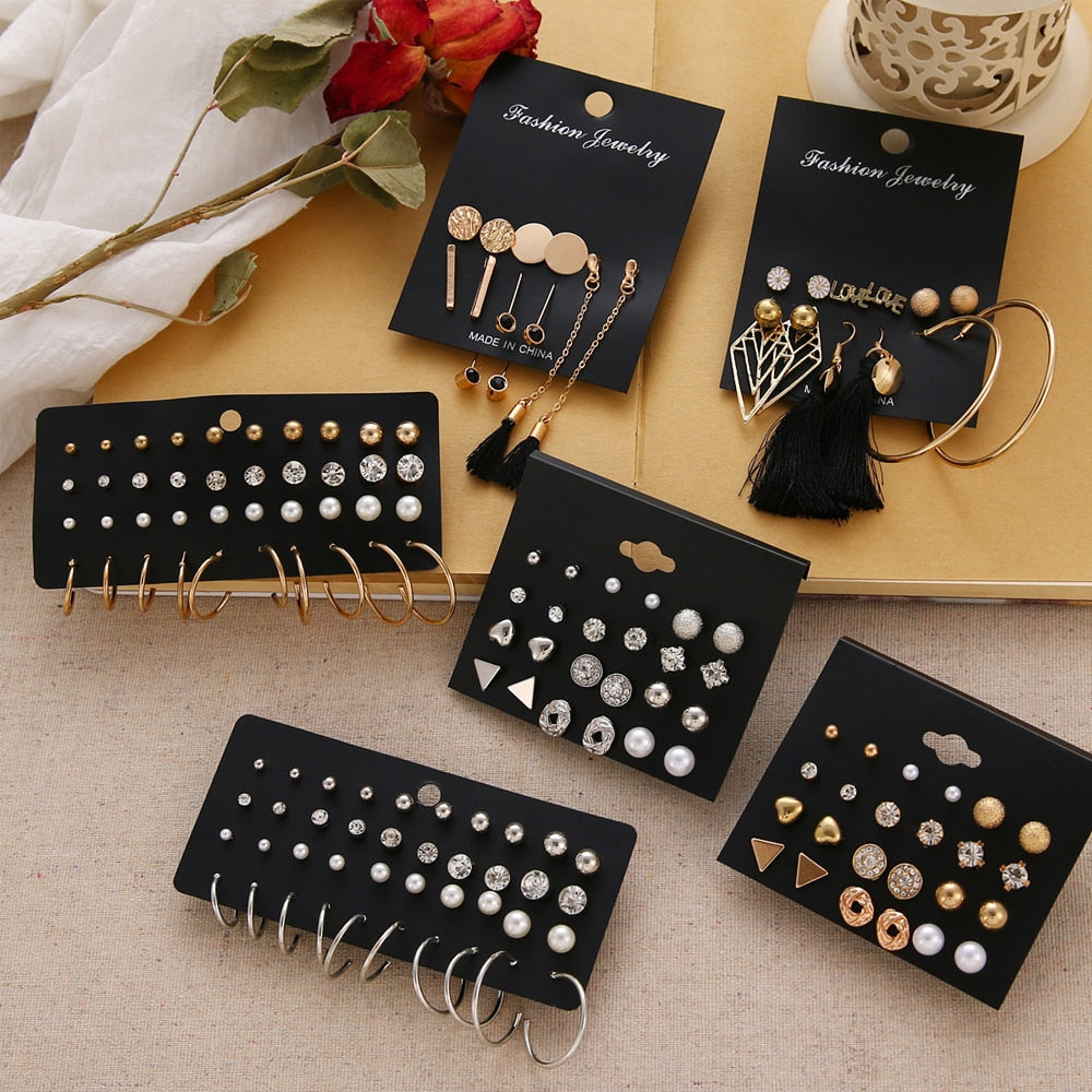 EN 12 Pairs Flower Women'S Earrings Set Pearl Crystal Stud Earrings Boho Geometric Tassel Earrings For Women 2020 Jewelry Gift