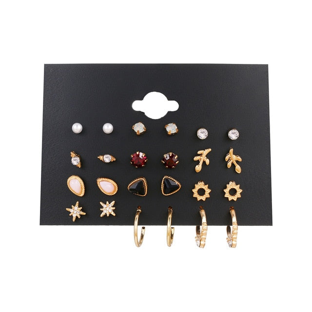 EN 12 Pairs Flower Women'S Earrings Set Pearl Crystal Stud Earrings Boho Geometric Tassel Earrings For Women 2020 Jewelry Gift